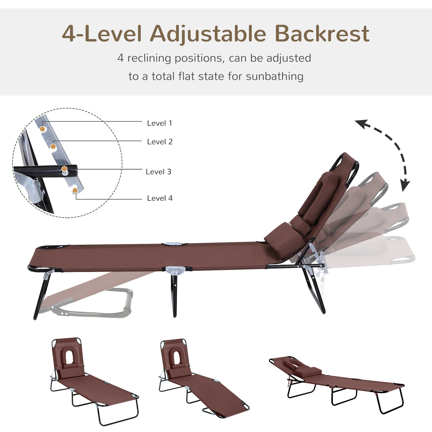 Outsunny Folding Sun Lounger with Face Hole, 4-Position Adjustable Backrest Garden Recliner Chair Sunbed, Outdoor Lounge Chair with 600 D Oxford Cloth Seat, Pillow for Beach, Brown