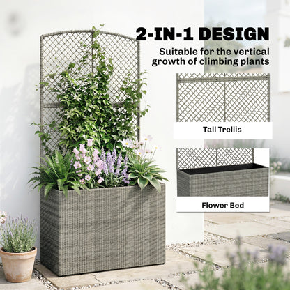 Outsunny Rattan Planter with Trellis, Raised Beds for Garden with Liner for Climbing Plants Vegetables Flowers, Dark Grey