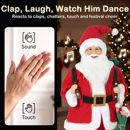 HOMCOM 4ft Singing Dancing Santa Claus, Standing Christmas Animated Santa Figure with Sack, Hanging Elf, Sound/Touch Activated