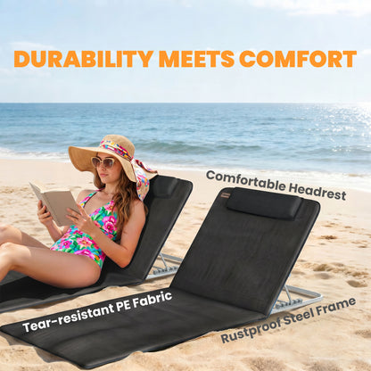 Outsunny Set of 2 Foldable Garden Beach Chair Mat Lightweight Outdoor Sun Lounger Seats Adjustable Back Metal Frame PE Fabric Head Pillow w/ Carry Bag, Black