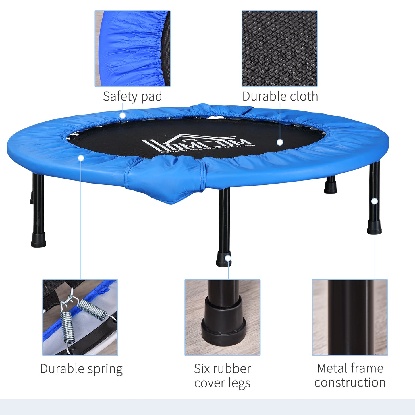 HOMCOM 40" Mini Fitness Trampoline Home Gym Yoga Exercise Rebounder Indoor Outdoor Jumper with Safety Pad, Support Up to 150 KG, Blue and Black