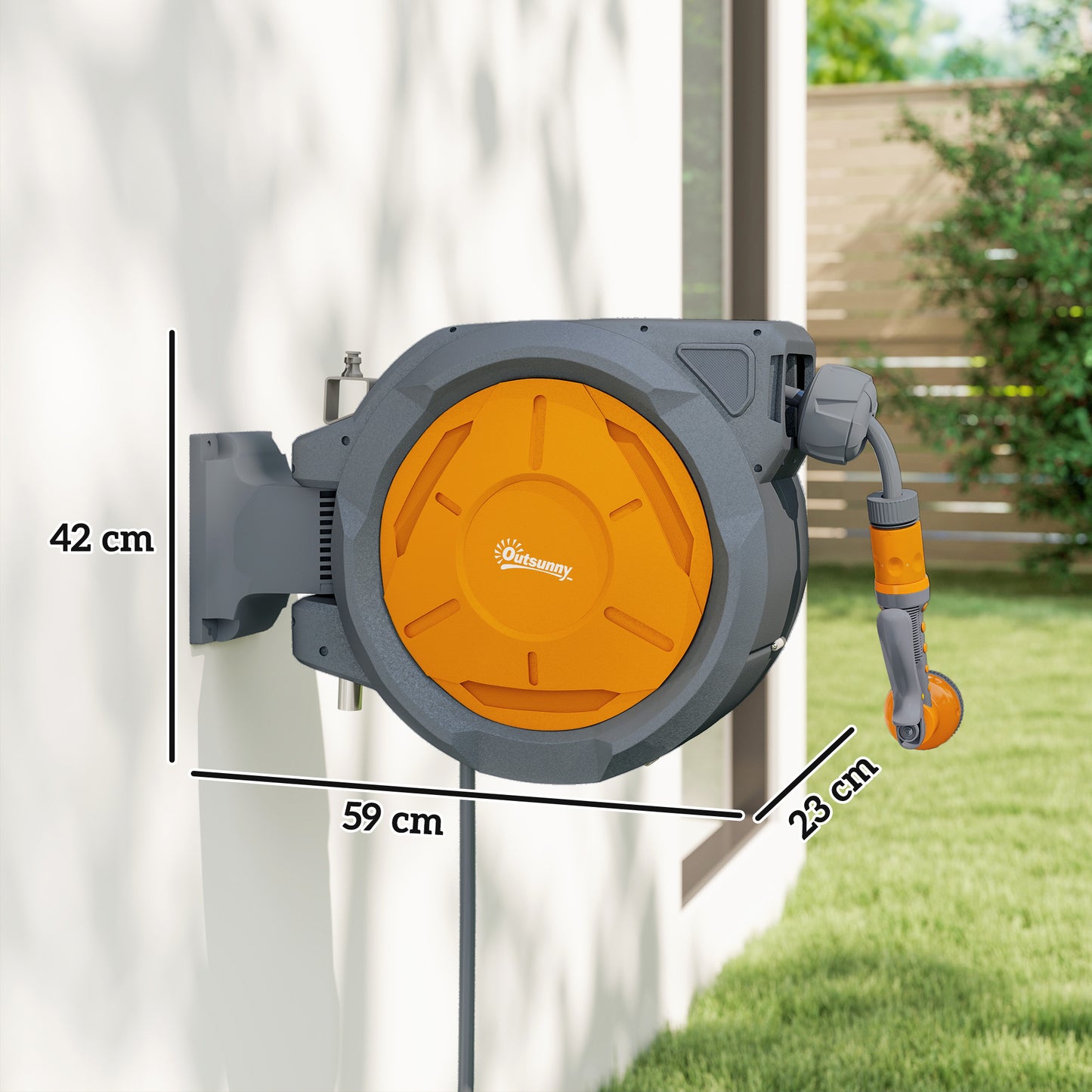 Outsunny Retractable Hose Reel Wall Mounted, 30+2m Garden Hose Pipe Reel with Lock, Auto Rewind, 7 in 1 Spray Nozzle, Includes Wall Fixings, 180° Swivel, Outdoor Watering, 59 x 23 x 42 cm, Orange