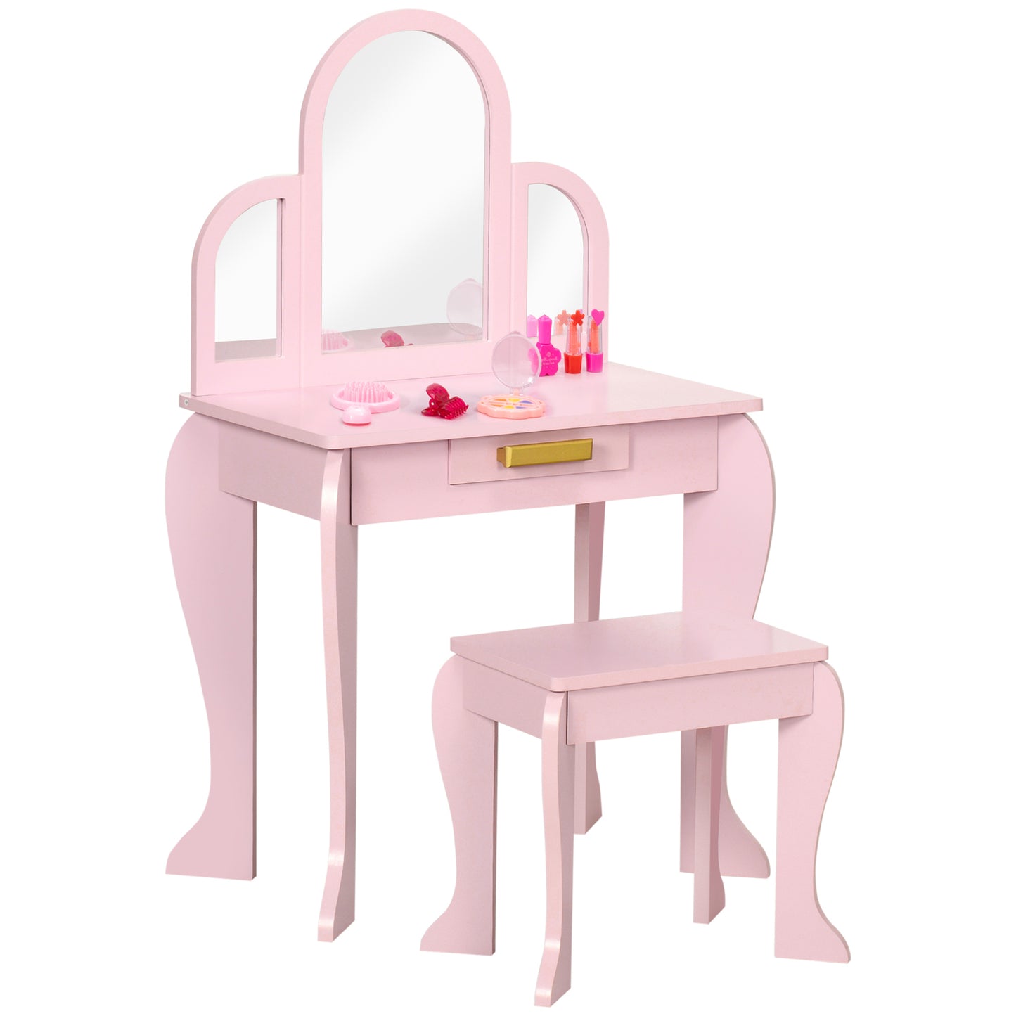 HOMCOM Kids Dressing Table Set, with Mirror and Drawer - Pink--ChewyGames-ChewyGames