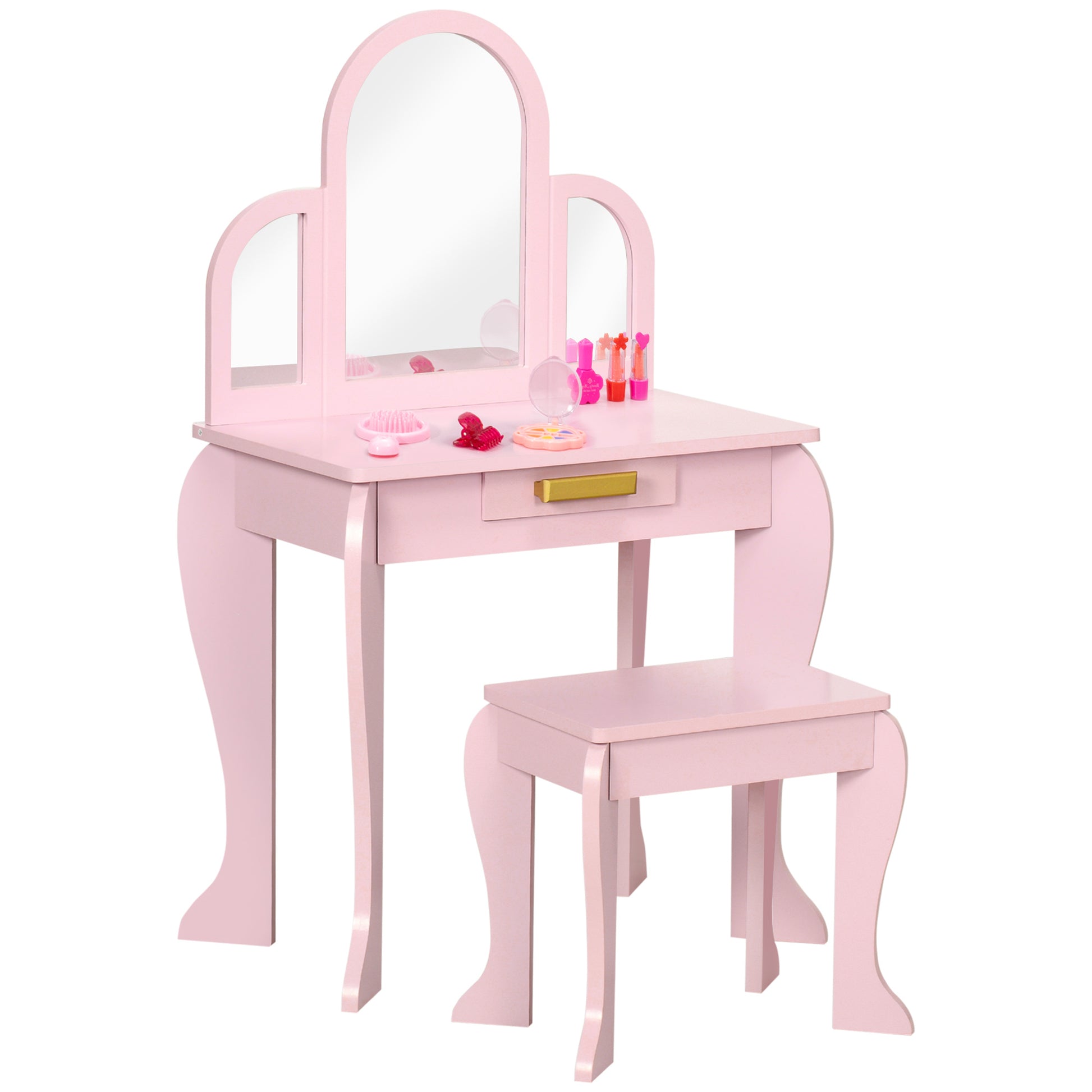 HOMCOM Kids Dressing Table Set, with Mirror and Drawer - Pink--ChewyGames-ChewyGames