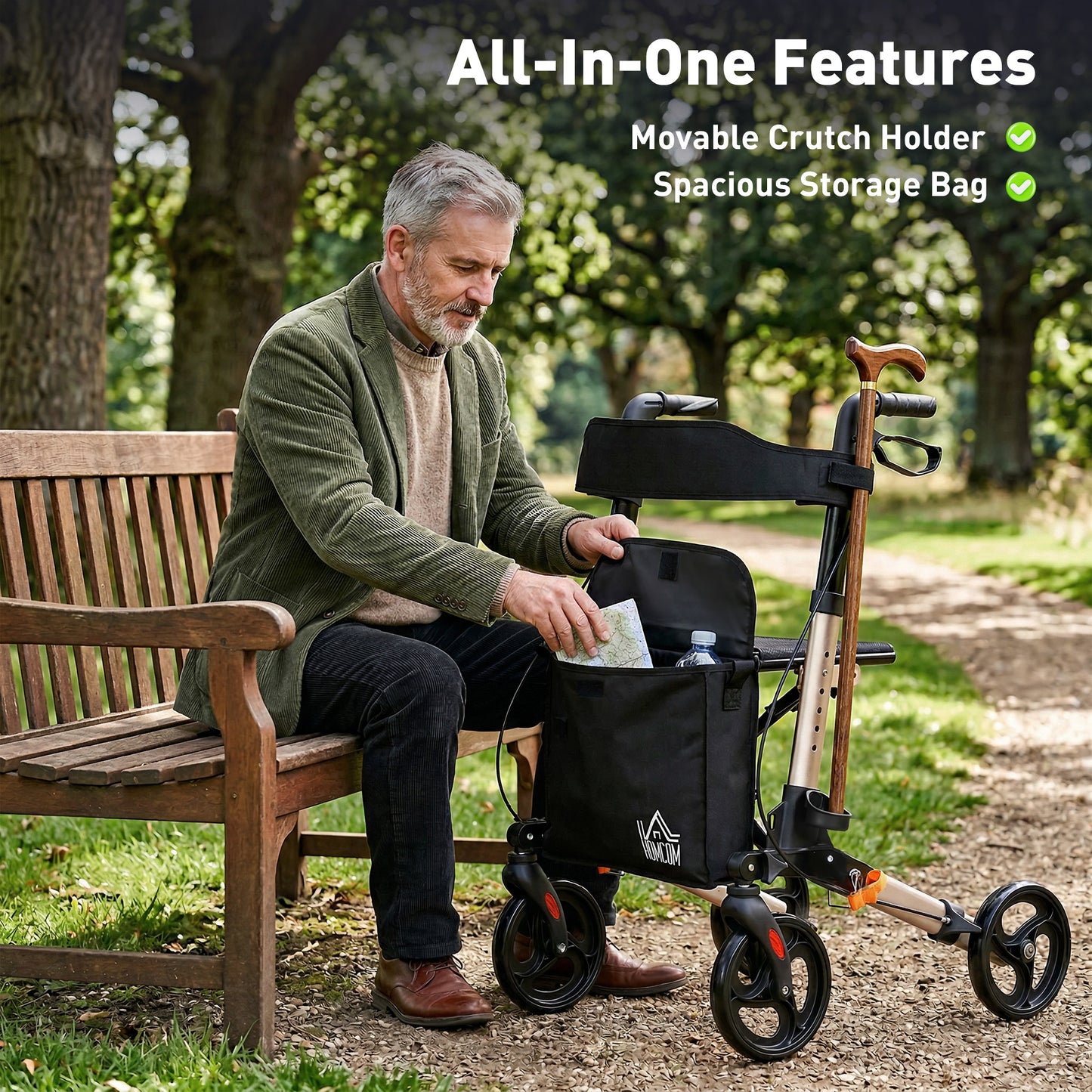 HOMCOM Rollator Walker with Seat, Compact Quick Folding Mobility Walker with 8" Wheels, Carry Bag, Adjustable Height, Cane Holder and Lightweight Aluminium Frame for Seniors and Disabled, Gold Tone