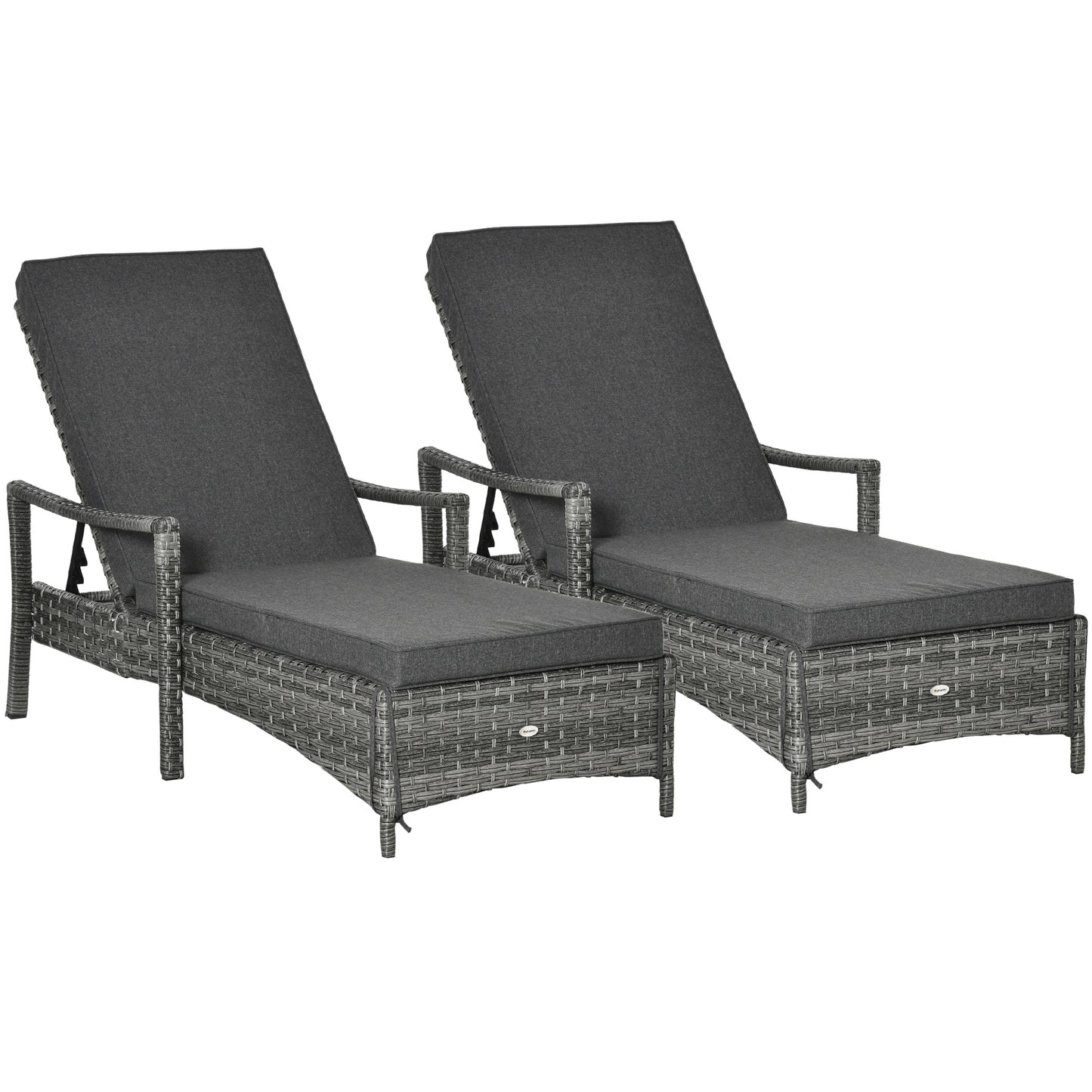 Outsunny PE Rattan Sun Loungers set of 2 with Cushion, Outdoor 2 Pieces Garden Sunbed Furniture with 4-Level Recliner Backrest, and Armrest, Grey--ChewyGames-ChewyGames