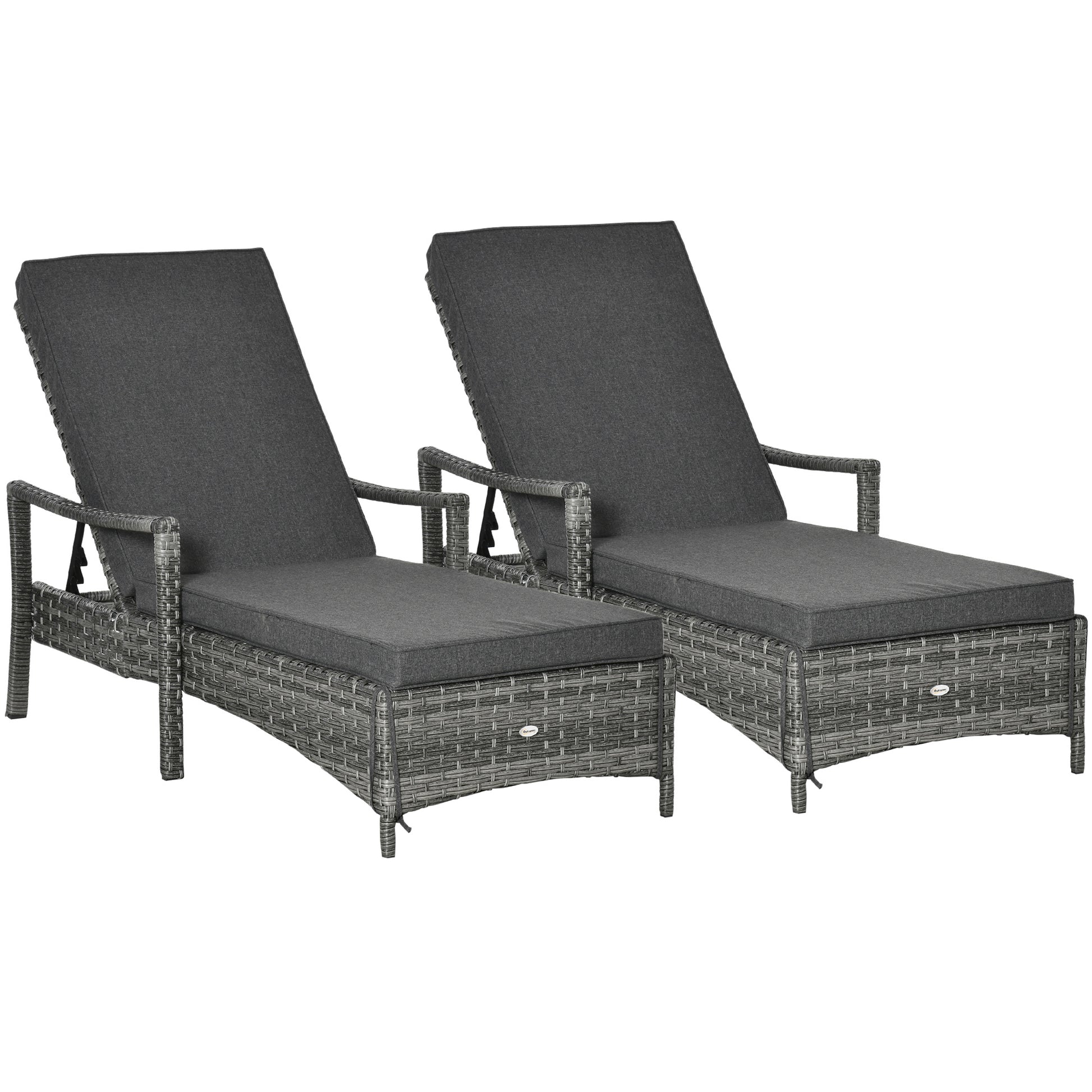 Outsunny PE Rattan Sun Loungers set of 2 with Cushion, Outdoor 2 Pieces Garden Sunbed Furniture with 4-Level Recliner Backrest, and Armrest, Grey--ChewyGames-ChewyGames