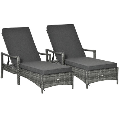 Outsunny PE Rattan Sun Loungers set of 2 with Cushion, Outdoor 2 Pieces Garden Sunbed Furniture with 4-Level Recliner Backrest, and Armrest, Grey--ChewyGames-ChewyGames