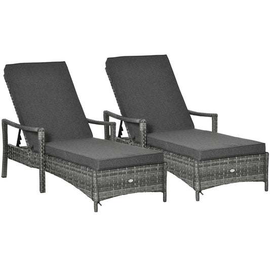 Outsunny PE Rattan Sun Loungers set of 2 with Cushion, Outdoor 2 Pieces Garden Sunbed Furniture with 4-Level Recliner Backrest, and Armrest, Grey--ChewyGames-ChewyGames