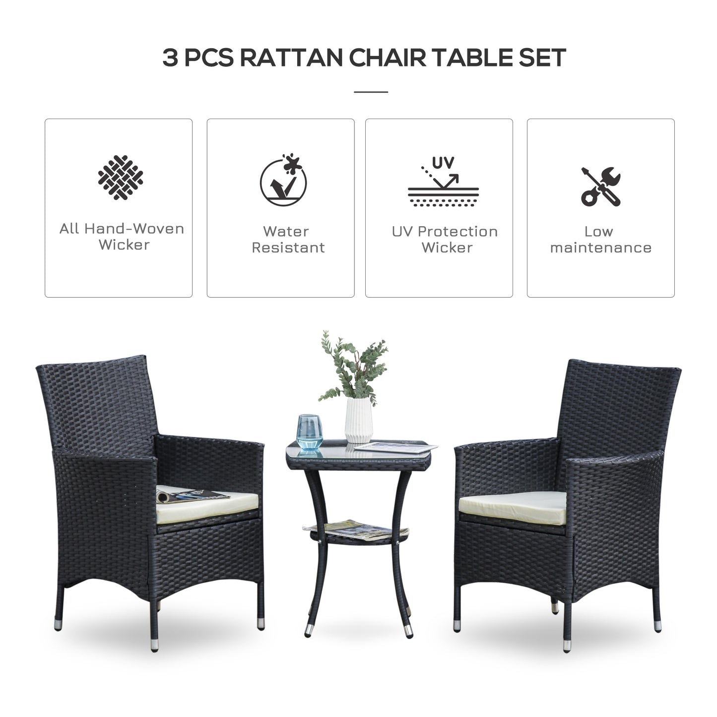 Outsunny 3 Pieces Rattan Bistro Set, Wicker Garden Furniture Set with 2-Tier Coffee Table and Chairs, Cushions, for Outdoor Patio Balcony, Black--ChewyGames-ChewyGames