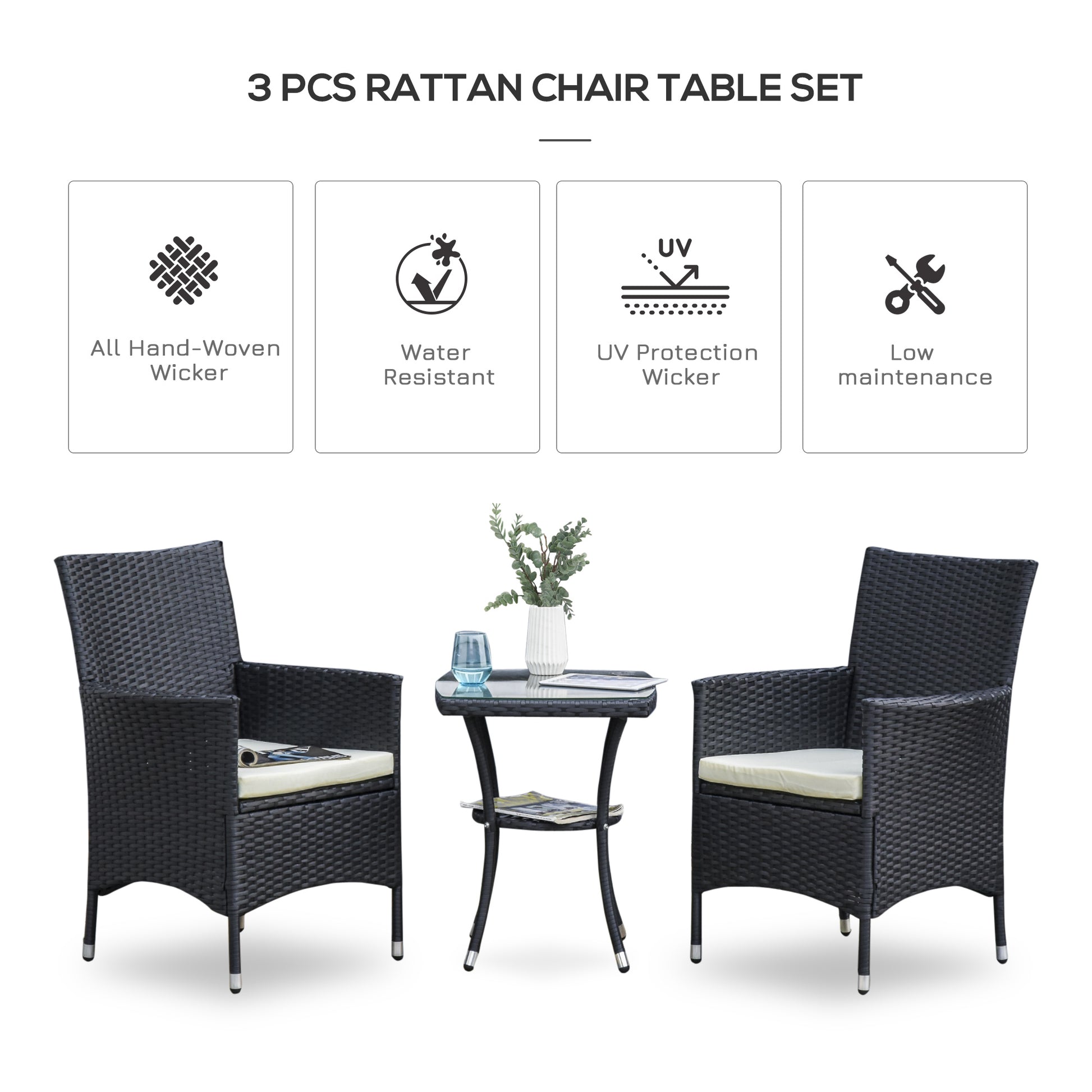 Outsunny 3 Pieces Rattan Bistro Set, Wicker Garden Furniture Set with 2-Tier Coffee Table and Chairs, Cushions, for Outdoor Patio Balcony, Black--ChewyGames-ChewyGames