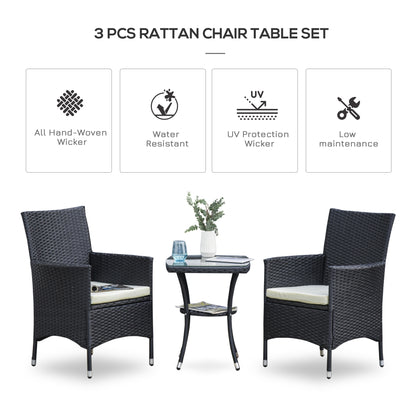 Outsunny 3 Pieces Rattan Bistro Set, Wicker Garden Furniture Set with 2-Tier Coffee Table and Chairs, Cushions, for Outdoor Patio Balcony, Black--ChewyGames-ChewyGames