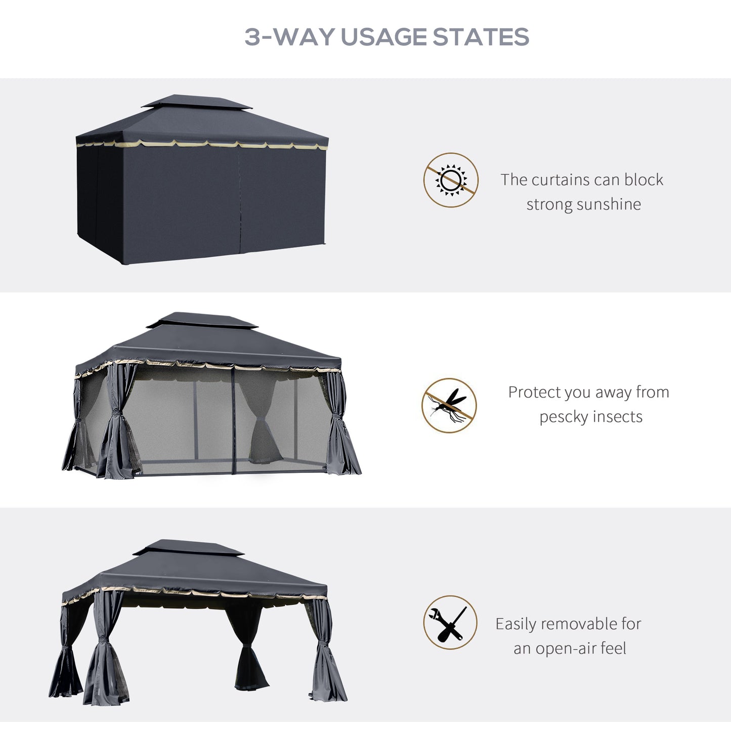 Outsunny 3 x 4m Aluminium Garden Gazebo, Marquee Canopy Shelter Pavilion Party Tent with Nets and Curtains for Garden and Deck, Black