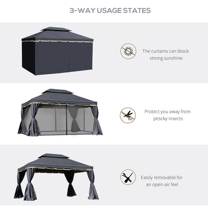Outsunny 3 x 4m Aluminium Garden Gazebo, Marquee Canopy Shelter Pavilion Party Tent with Nets and Curtains for Garden and Deck, Black