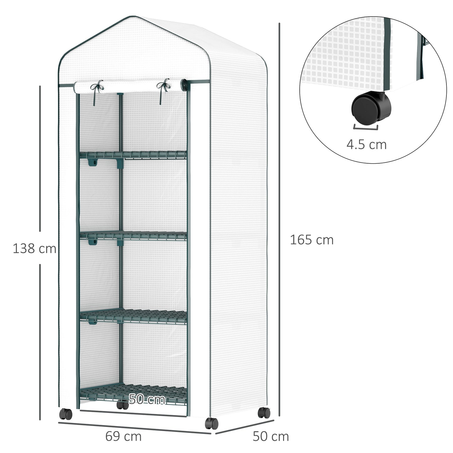 Outsunny 4 Tier Mini Portable Greenhouse Compact Plant Grow Shed Metal Frame PE Cover with Lockable Rolling Wheels, White