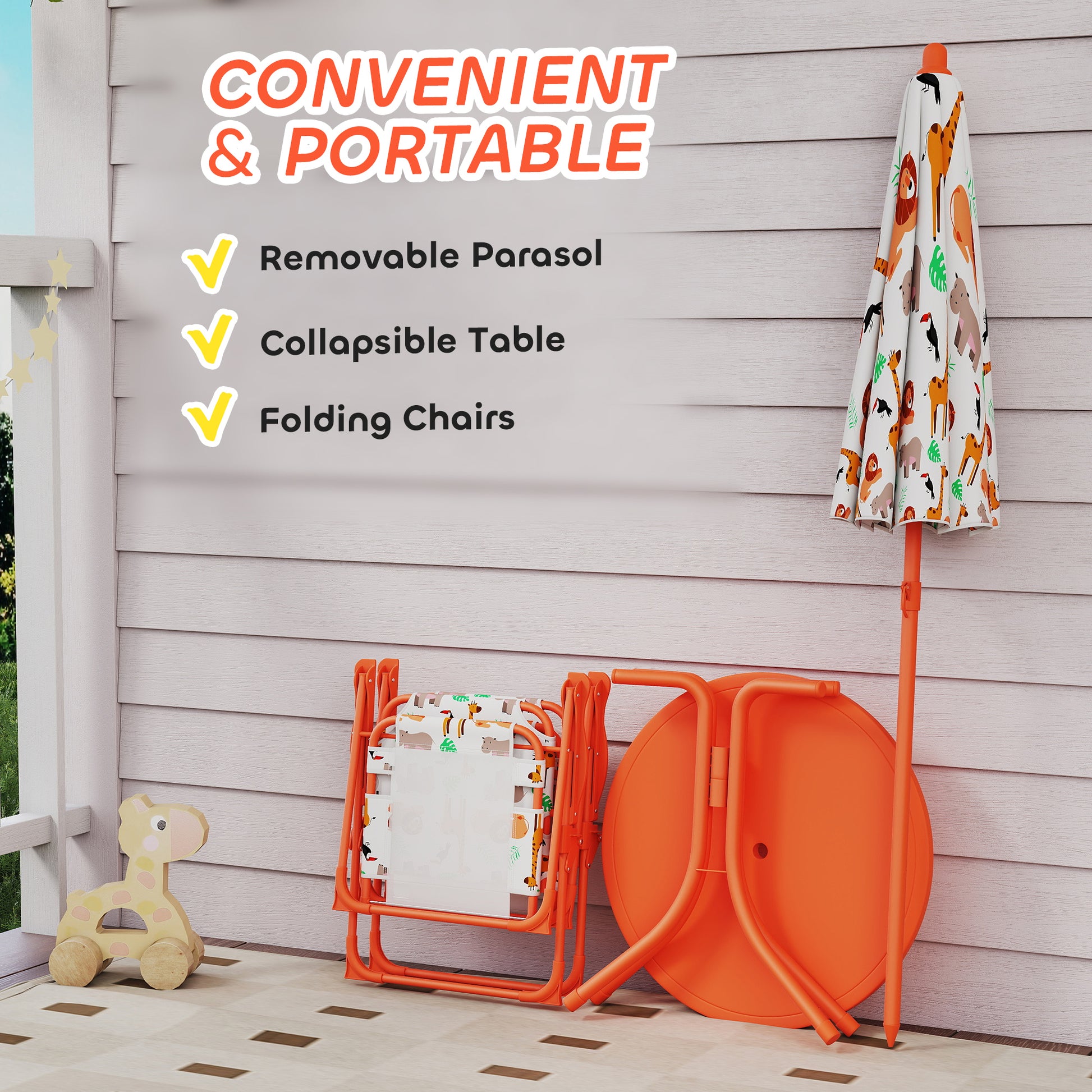 AIYAPLAY Kids Patio Set, Children Table and Chair Set, Outdoor Picnic Table with 2 Folding Chairs and Umbrella, Orange--ChewyGames-ChewyGames