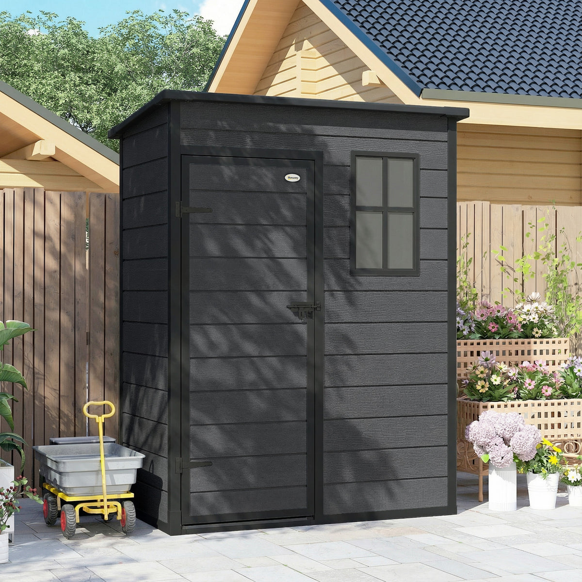 Outsunny 5' x 3' Garden Shed with Floor, Outdoor Storage Shed with Lockable Door, Window and Vent, Dark Grey