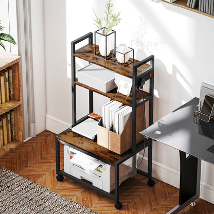 HOMCOM 4-Tier Printer Stand with Power Outlets and Wheels - Rustic Brown