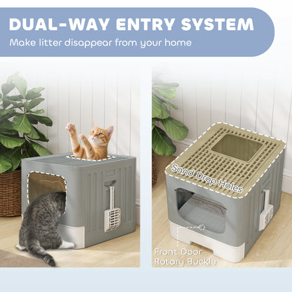 PawHut Cat Litter Box with Lid, Slide-Out Drawer, Scoop, Easy Clean, Odour Control, Anti-Splashing, Grey