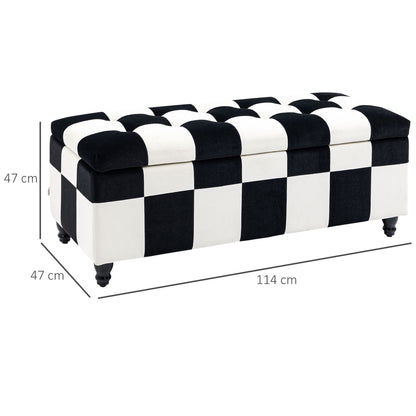 HOMCOM Storage Ottoman, Storage Bench with Wood Legs, Footstool, Footrest with Velvet Surface for Bedroom, Hallway, Living Room, 114 x 47 x 47 cm, White and Black