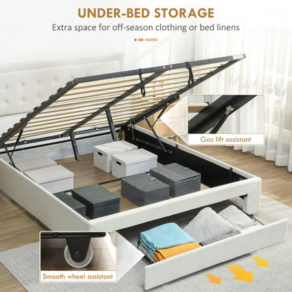 HOMCOM Double Ottoman Bed Frame, with Front Drawer Cream