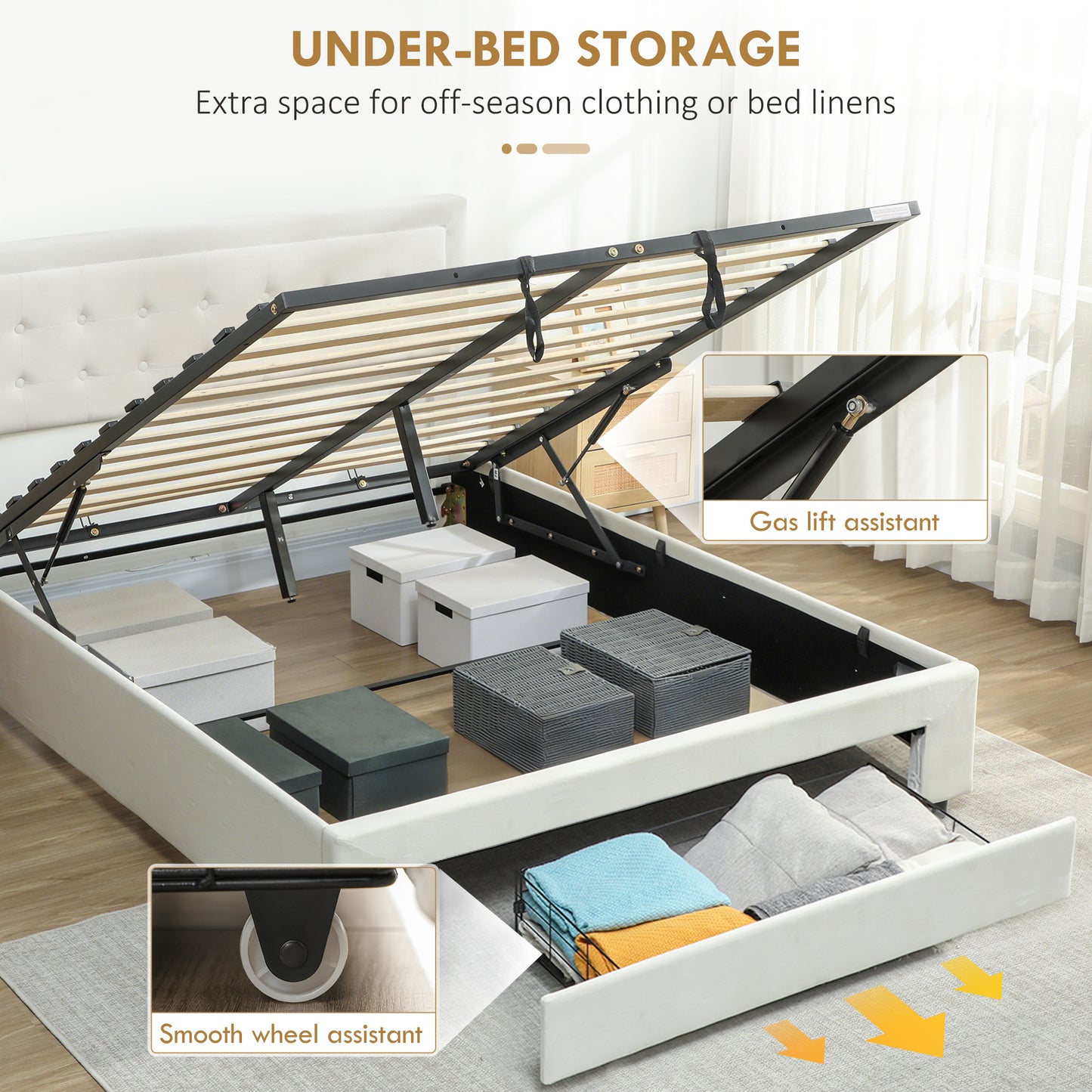 HOMCOM Double Ottoman Bed Frame, with Front Drawer - Cream-Beds & Bed Frames-ChewyGames-ChewyGames