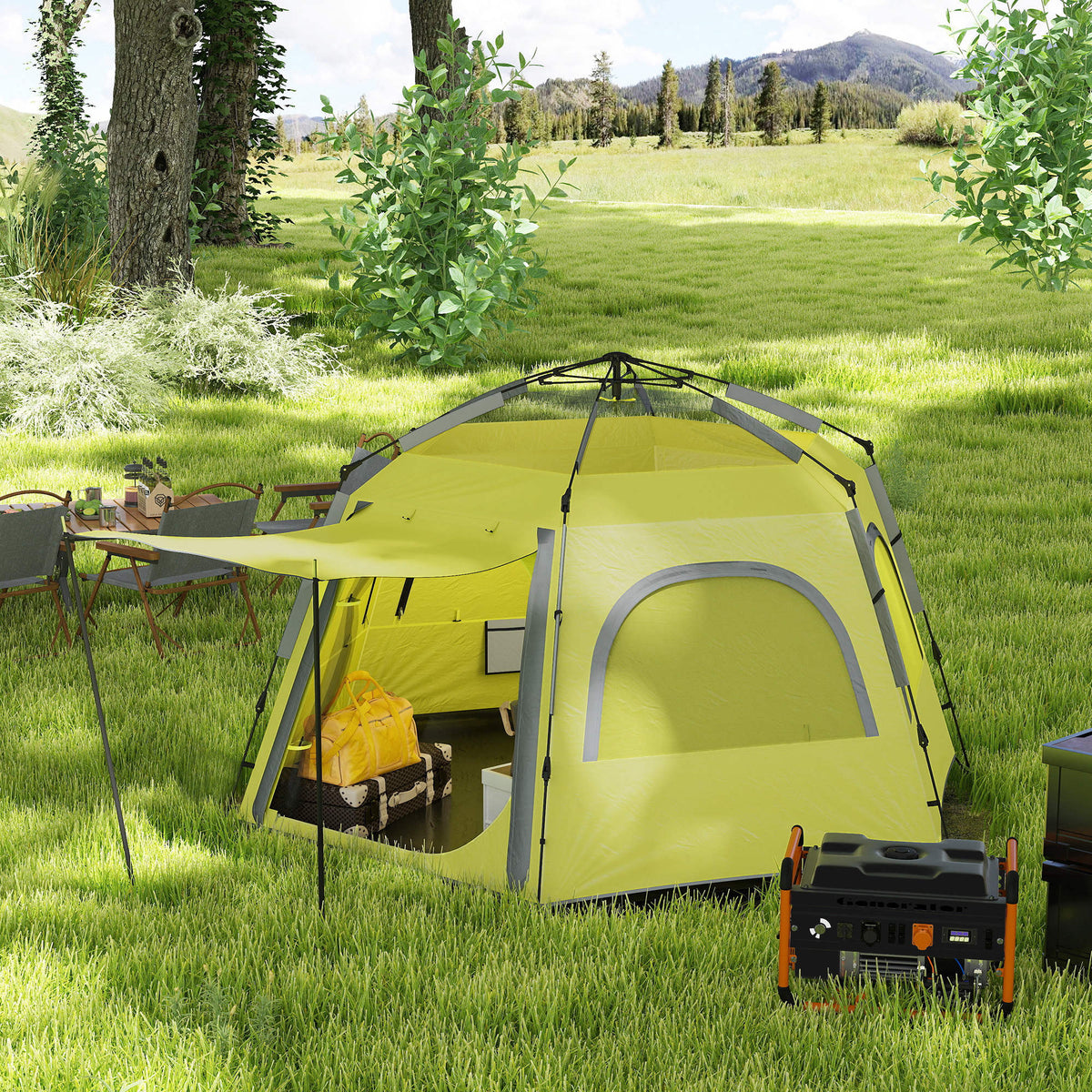 Outsunny Instant Pop Up Camping Tent, 2/3/4 Person Easy Setup Dome Family Tent with Vestibule, Rainfly, 4 Mesh Windows & 2 Doors, Hexagonal Design, Waterproof & UV Protected, Yellow Green
