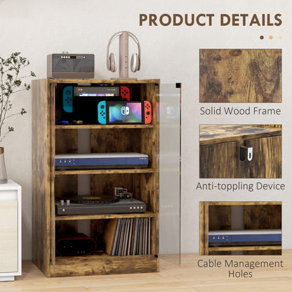 HOMCOM 4-Tier Hi-Fi Stand,  Record Player Stand with Adjustable Shelves and Push-to-Open Glass Doors, Rustic Brown