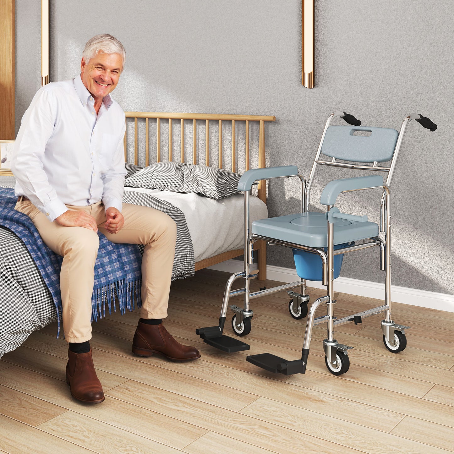 HOMCOM Rolling Shower Wheelchair for Seniors, Bedside Commode Chair with Locking Wheels, Seat, Backrest, Arms, Grey