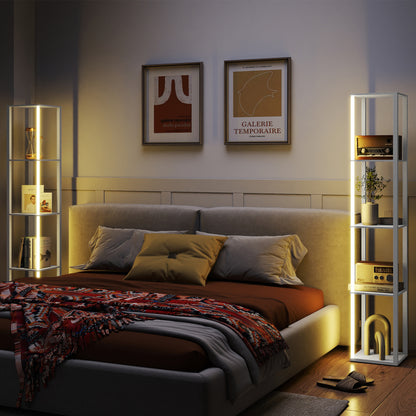 HOMCOM RGB LED Floor Lamp with Shelves, Modern Dimmable Standing Lamp with Remote Control, Adjustable Brightness & Speed for Living Room, Bedroom, Office, Oak