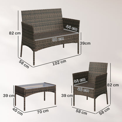 Outsunny 4 Piece Rattan Garden Furniture Sofa Set with Loveseat, Armchairs, Glass-Top Coffee Table and Cushions, Brown