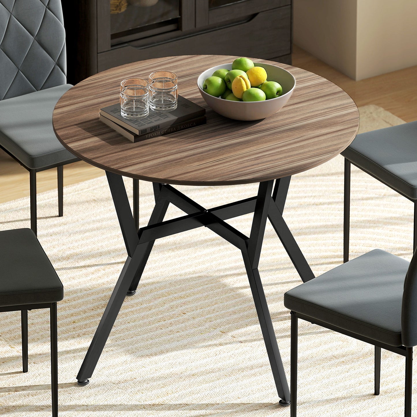 HOMCOM Dining Table, Round Kitchen Table with Black Legs, Anti-slip Foot Pads for Living Room, Dining Room 90 x 76 cm, Brown