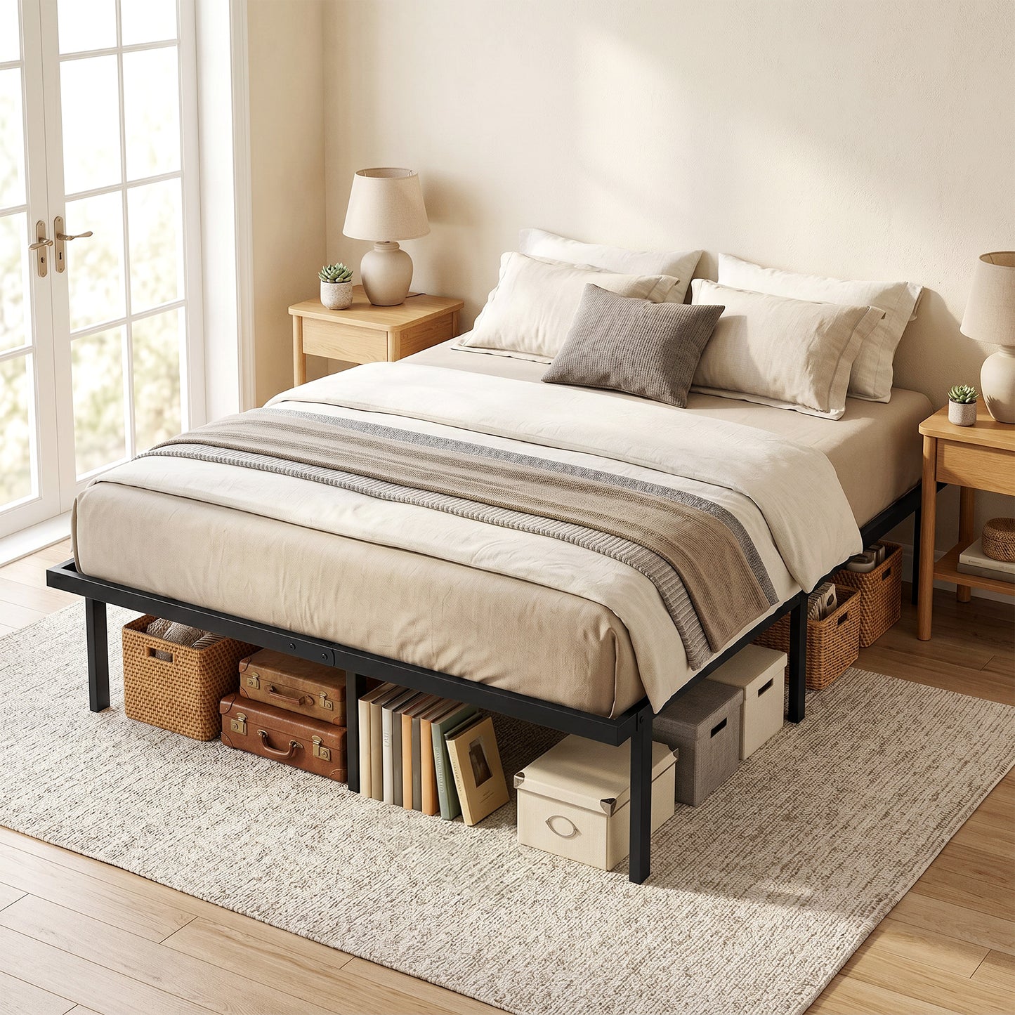 HOMCOM 5ft King Bed Frame with Underbed Storage, Metal Platform Bed Frame with Steel Slat Support, No Box Spring Needed