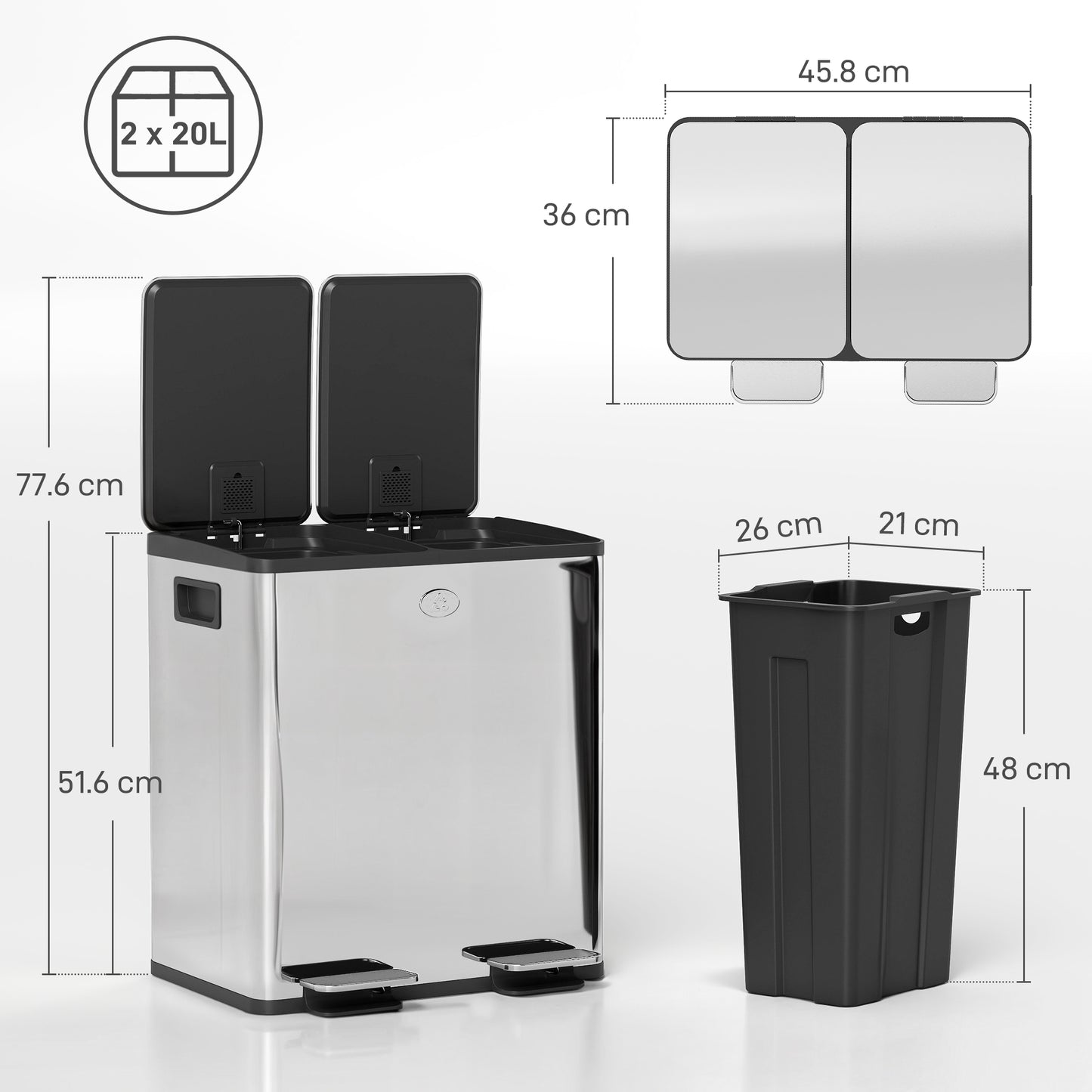 HOMCOM 40L Dual Compartment Stainless Steel Bin, with Deodoriser Holders - Silver Tone