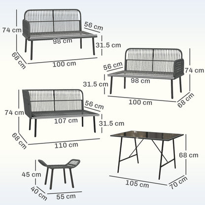 Outsunny 6 Piece Rattan Garden Furniture Set, 8 Seater Garden Corner Sofa with Cushions and Glass Top Table, Orange