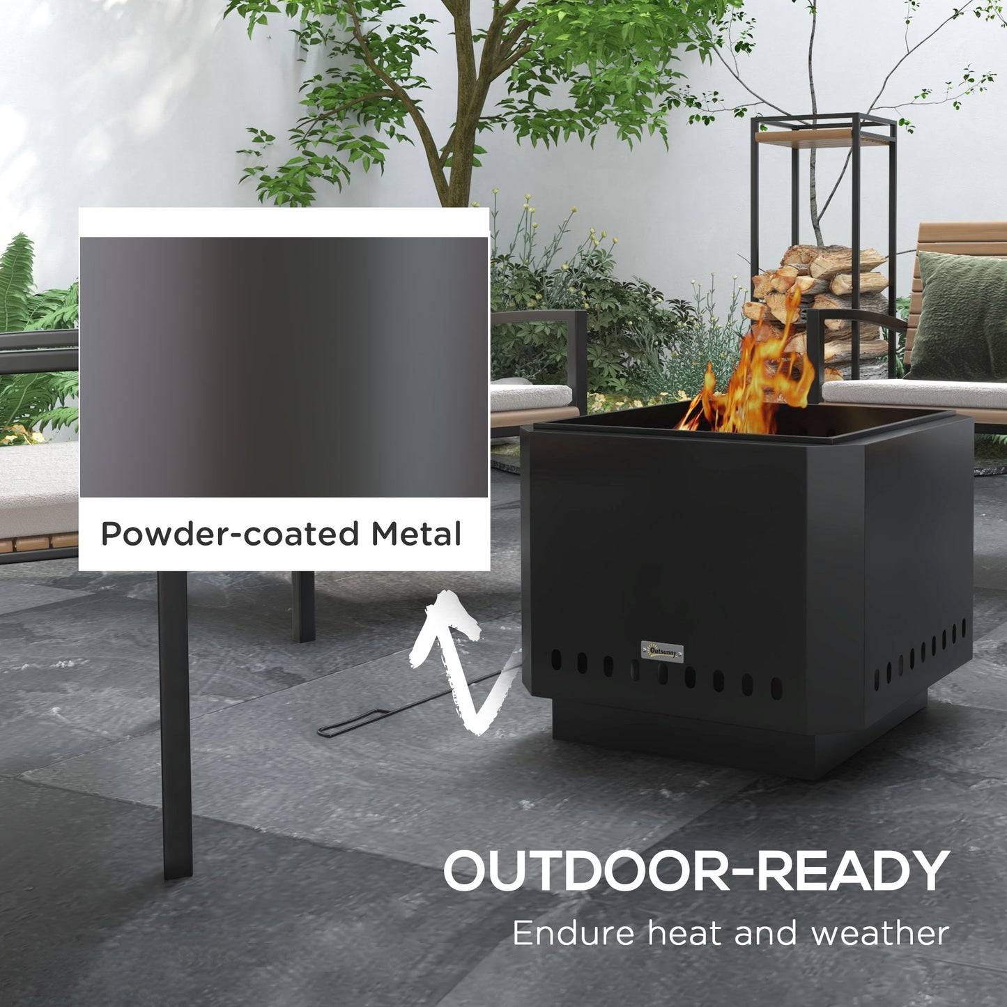 Outsunny Smokeless Fire Pit, 48 cm Portable Wood Burning Firepit, Square Metal Bonfire Stove with Poker, Black