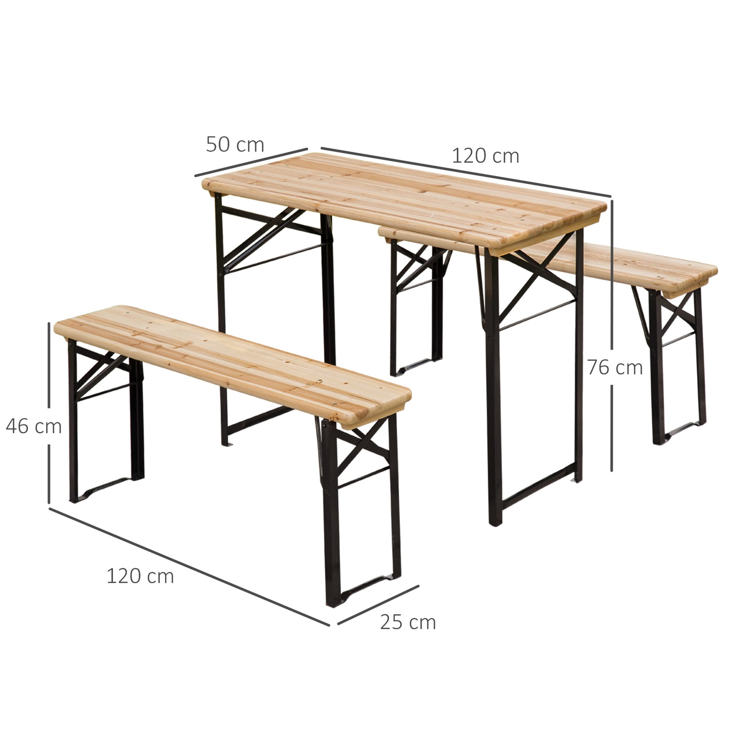 Outsunny Portable Folding Camping Picnic Table and Bench Set Garden BBQ Chairs Stools Trestle Wooden Wood (120cm(L) x 25cm(W) x 46cm(H))