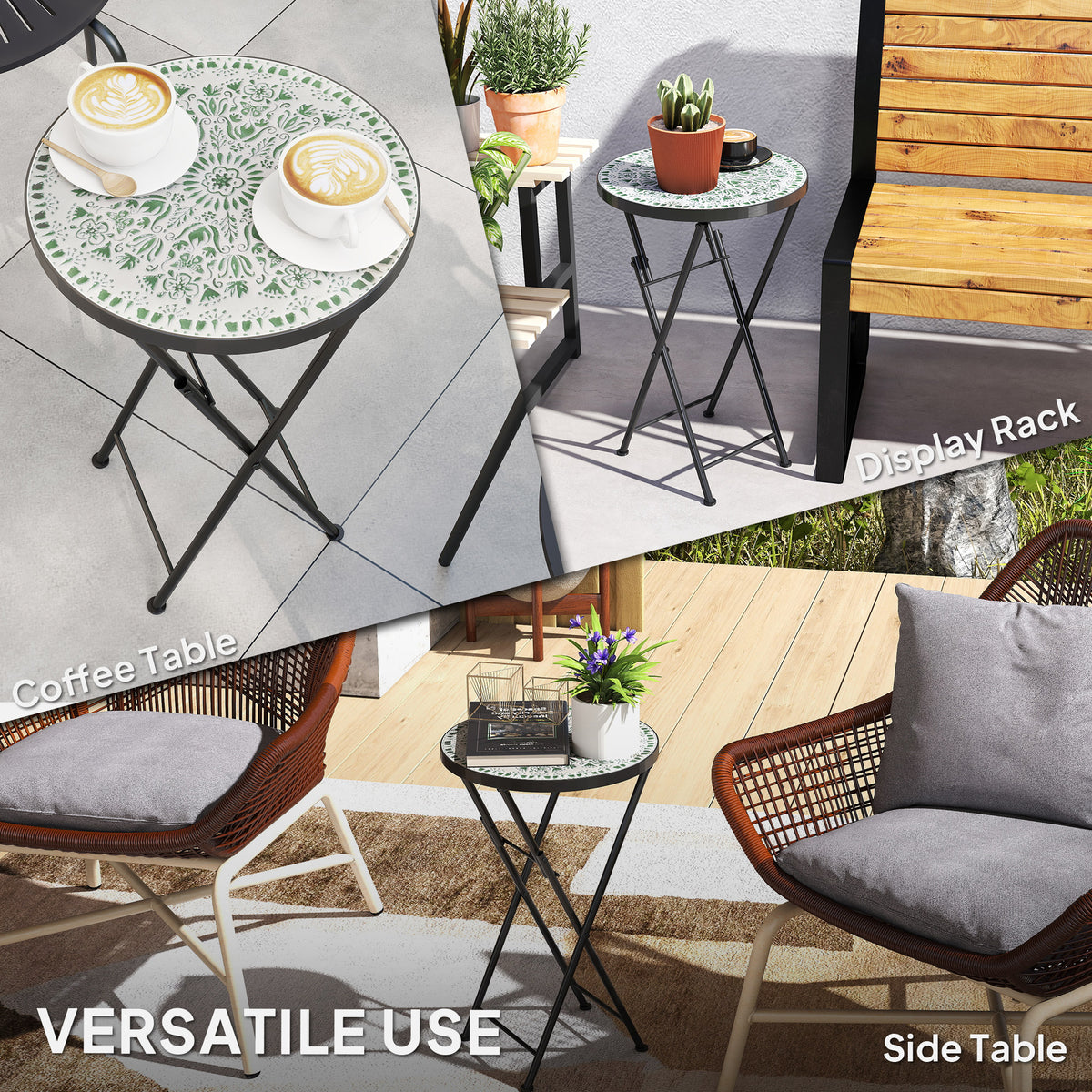 Outsunny Mosaic Outdoor Garden Table, 35.5cm Round Folding Coffee Table with Metal Frame for Balcony Terrace, Green