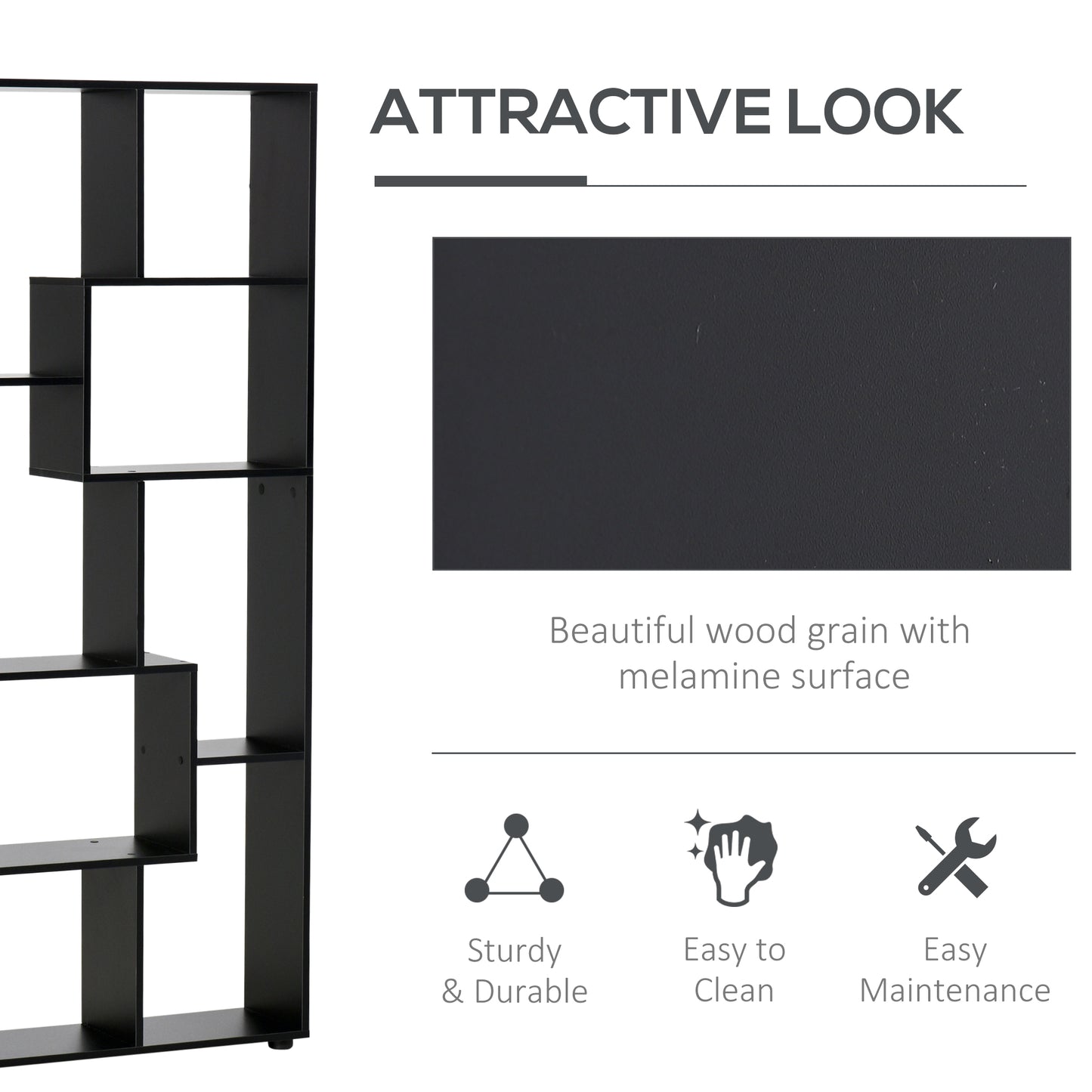 HOMCOM 8-Tier Freestanding Bookcase w/ Melamine Surface Anti-Tipping Foot Pads Home Display Storage Grid Stand Bedroom Living Room Furniture Modern Style - Black