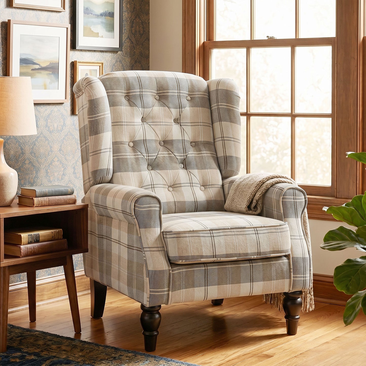 HOMCOM Wingback Accent Chair, Linen-Look Fabric Armchair with Thick Spring Cushion, High Back, Khaki Plaid