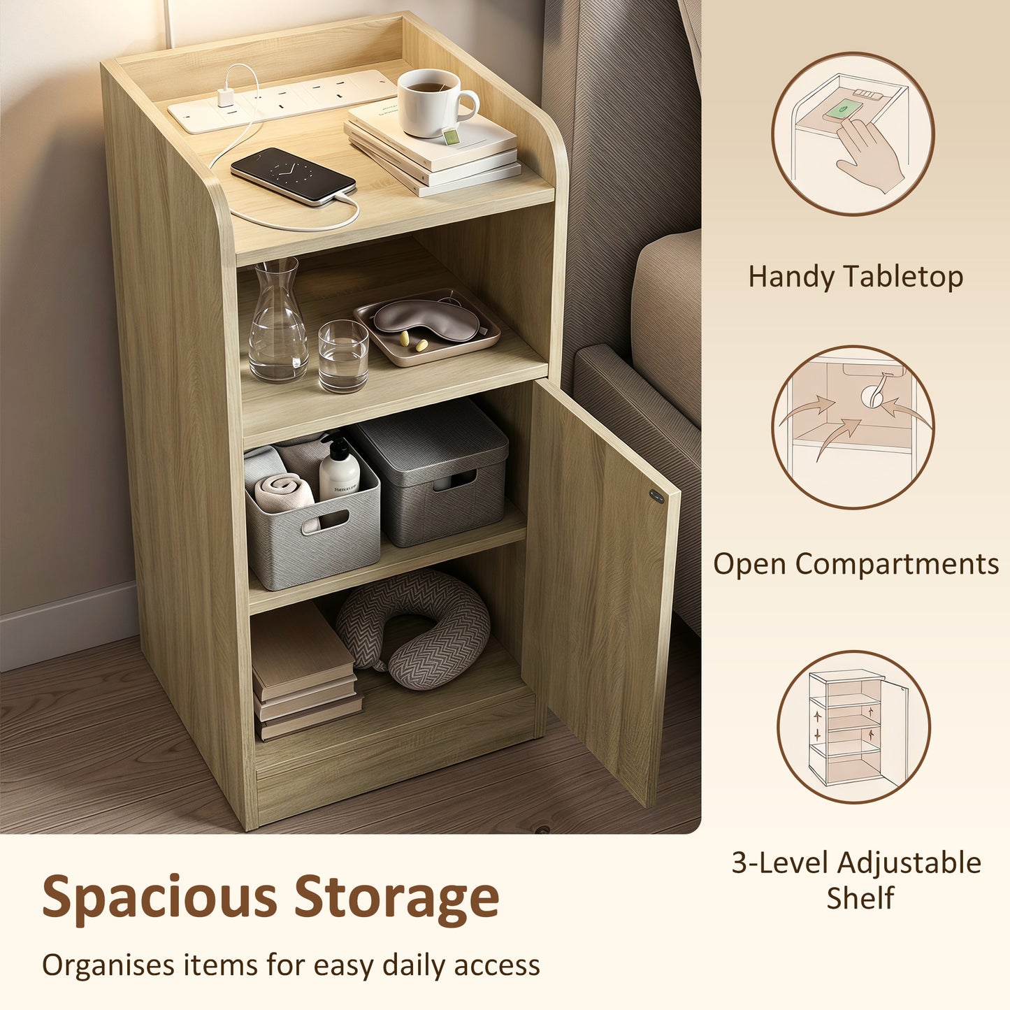 HOMCOM Slim Bedside Table Set of 2 with Charging Station, Narrow Bedside Cabinet with Adjustable Shelf, Oak