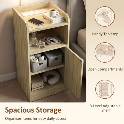 HOMCOM Slim Bedside Table Set of 2 with Charging Station, Narrow Bedside Cabinet with Adjustable Shelf, Oak