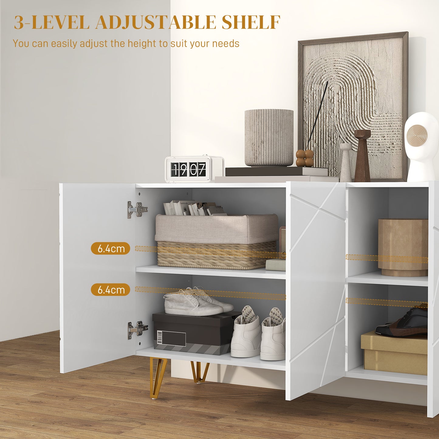 HOMCOM Modern Luxe High Gloss Sideboard, with Hairpin Legs - White-Sideboards-ChewyGames-ChewyGames