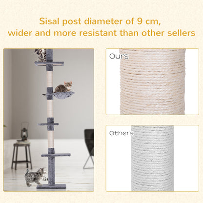 PawHut Floor to Ceiling Cat Tree 230-260cm Height Adjustable, 5-Tier Cat Tower with Scratching Posts, Hammock, Perches, Climbing Activity Centre for Indoor Kittens Playing and Relaxing, Grey