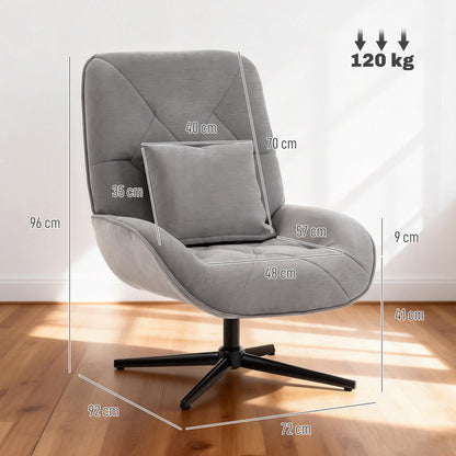 HOMCOM Accent Chair, Chenille Upholstered Swivel Armchair with Lumbar Pillow, High Back, Deep Seat and Metal Legs, Light Grey