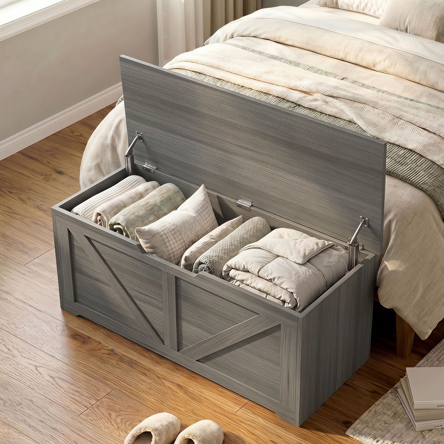 HOMCOM 127L Home Storage Box, with Safety Hinges - Dark Grey Wood-Effect