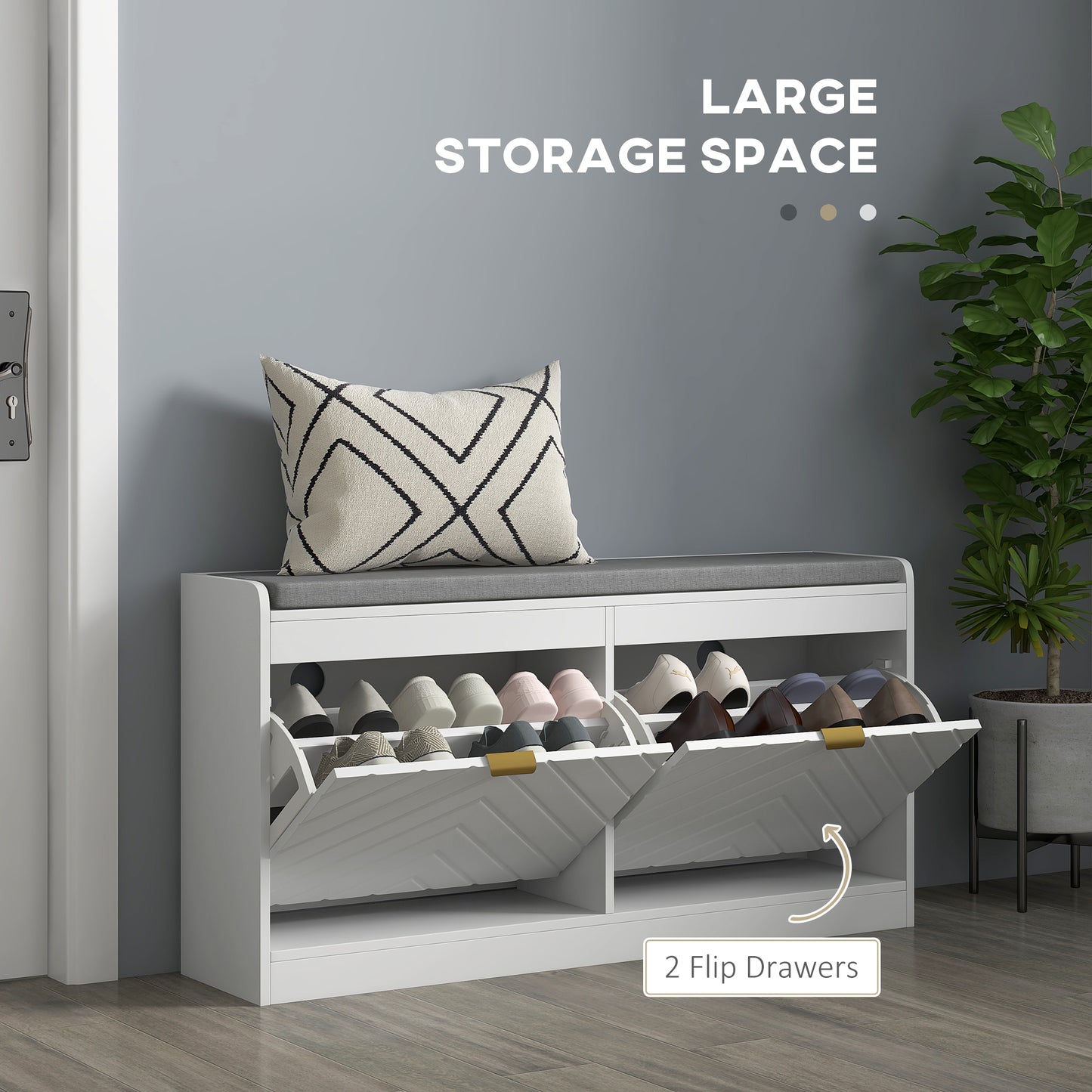 HOMCOM Shoe Storage with Seat, Upholstered Entryway Bench, Shoe Bench with 2 Flip Drawers and 4 Vents for 8 Pairs of Shoes