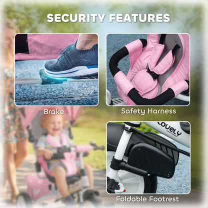 HOMCOM 6 in 1 Kids Trike with Parent Handle, Canopy, 5-point Seat Belt, Storage, Footrest, Brake, for 1-5 Years, Pink