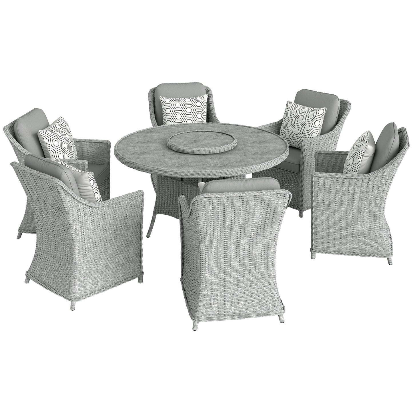 Outsunny Rattan Dining Set with Turntable, Marble Effect Glass Table and 6 Armchairs, Aluminium Frame, Grey
