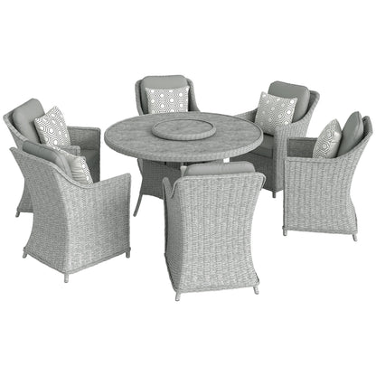Outsunny Rattan Dining Set with Turntable, Marble Effect Glass Table and 6 Armchairs, Aluminium Frame, Grey
